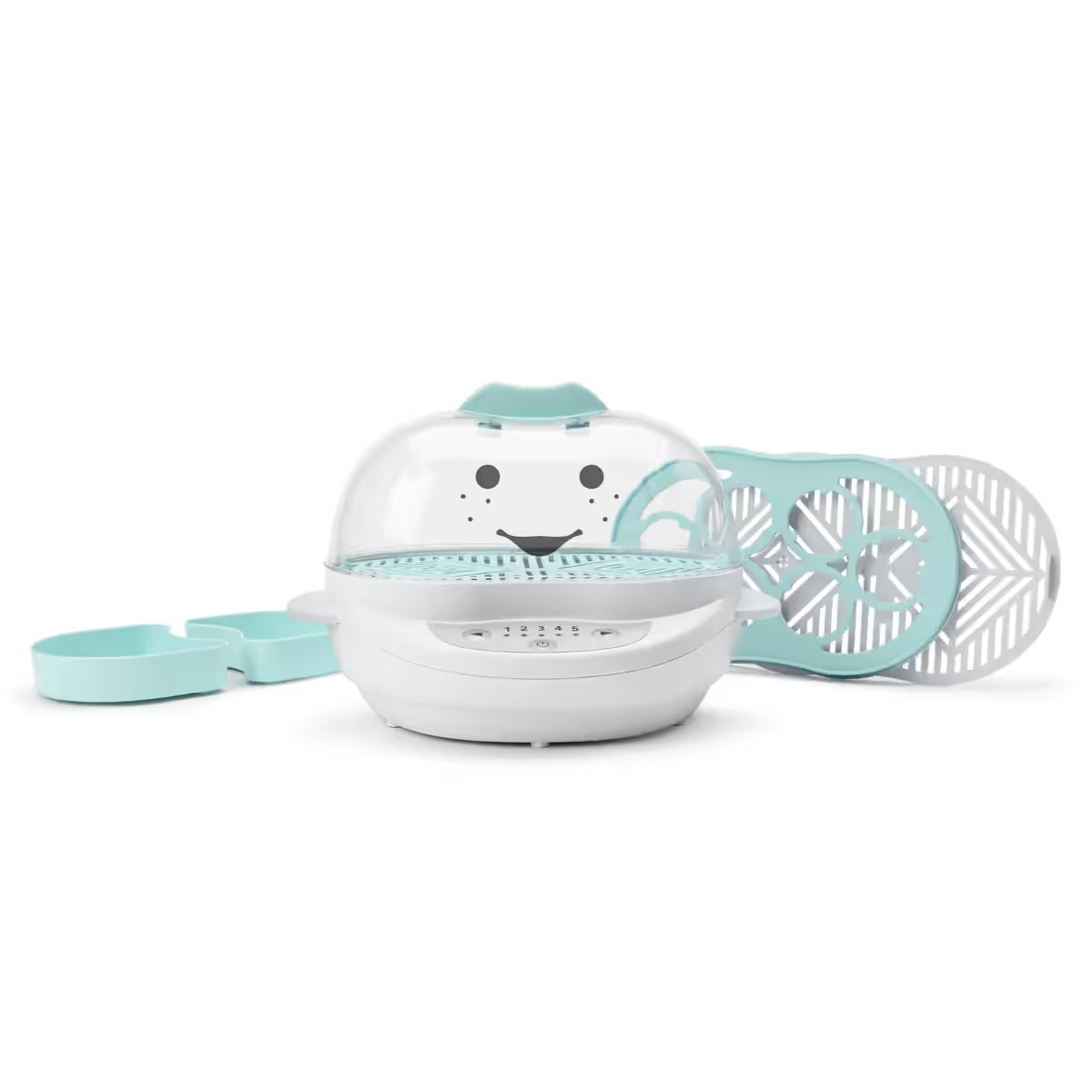 Vaporera y esterilizadora Nutribullet Turbo Baby 900W vacía con todos sus accesorios desmontados a los lados sobre fondo blanco - Ferretería La Palma - 1690014