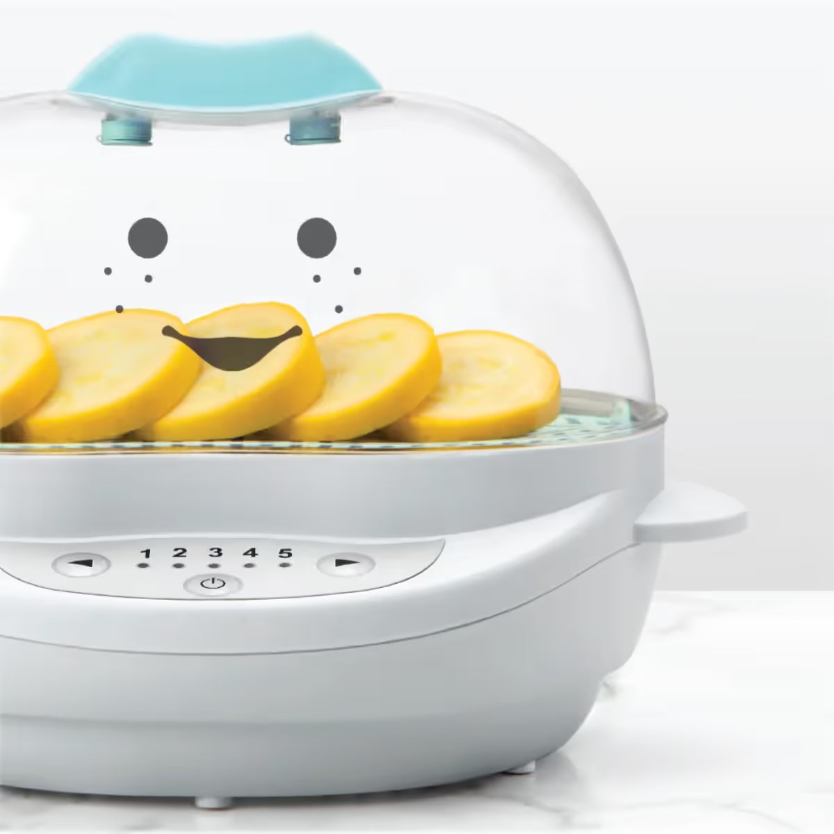 Primer plano del panel de control digital de la vaporera Nutribullet Turbo Baby 900W mostrando los botones de configuración y temporizador - Ferretería La Palma - 1690014