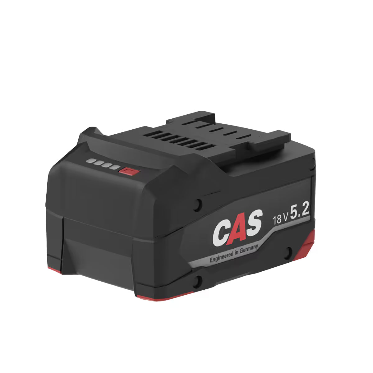 Vista en perspectiva de la batería recargable Scangrip CAS Li-Power de 18V 5.2Ah mostrando sus indicadores LED de carga sobre fondo blanco - Ferretería La Palma - 1870019