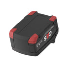 Vista en perspectiva inferior de la batería recargable Scangrip CAS Li-Power de 18V 5.2Ah mostrando sus soportes de goma protectores sobre fondo blanco - Ferretería La Palma - 1870019