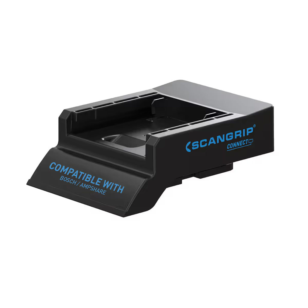 Vista en perspectiva del adaptador Scangrip CONNECTOR para baterías Bosch / AmpShare de 18V sobre fondo blanco - Ferretería La Palma - 1870014