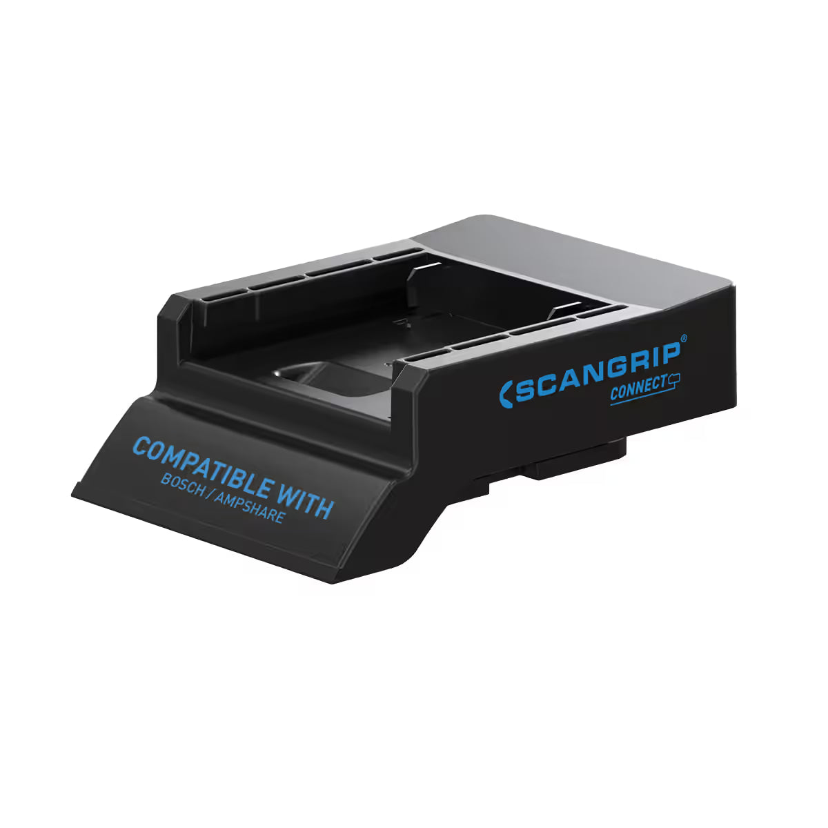 Vista en perspectiva del adaptador Scangrip CONNECTOR para baterías Bosch / AmpShare de 18V sobre fondo blanco - Ferretería La Palma - 1870014