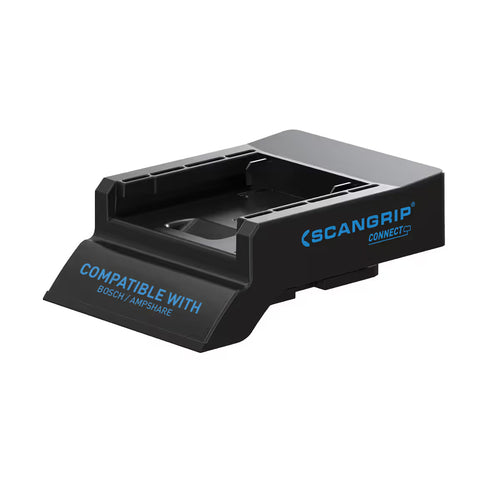 Vista en perspectiva del adaptador Scangrip CONNECTOR para baterías Bosch / AmpShare de 18V sobre fondo blanco - Ferretería La Palma - 1870014
