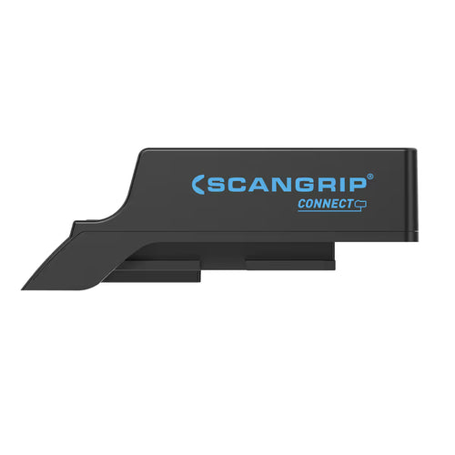 Vista lateral del adaptador Scangrip CONNECTOR para baterías Milwaukee de 18V / 20V sobre fondo blanco - Ferretería La Palma - 1870017
