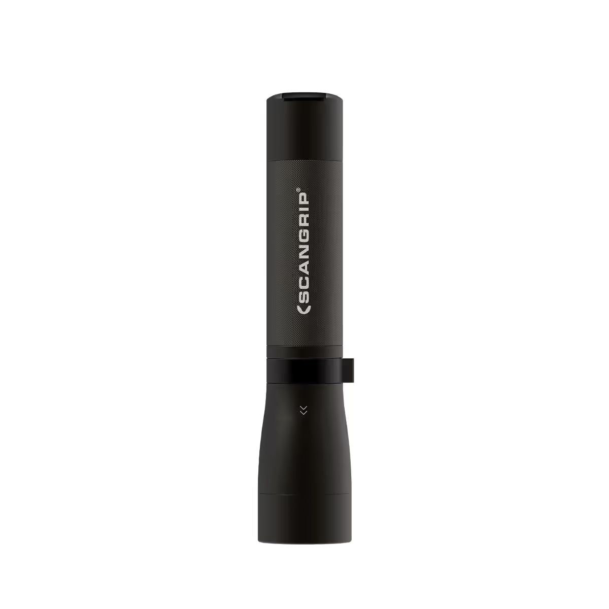 Vista general de la linterna de mano LED profesional Scangrip FLASH 600 R con cuerpo negro colocada verticalmente sobre fondo blanco - Ferretería La Palma - 1870006