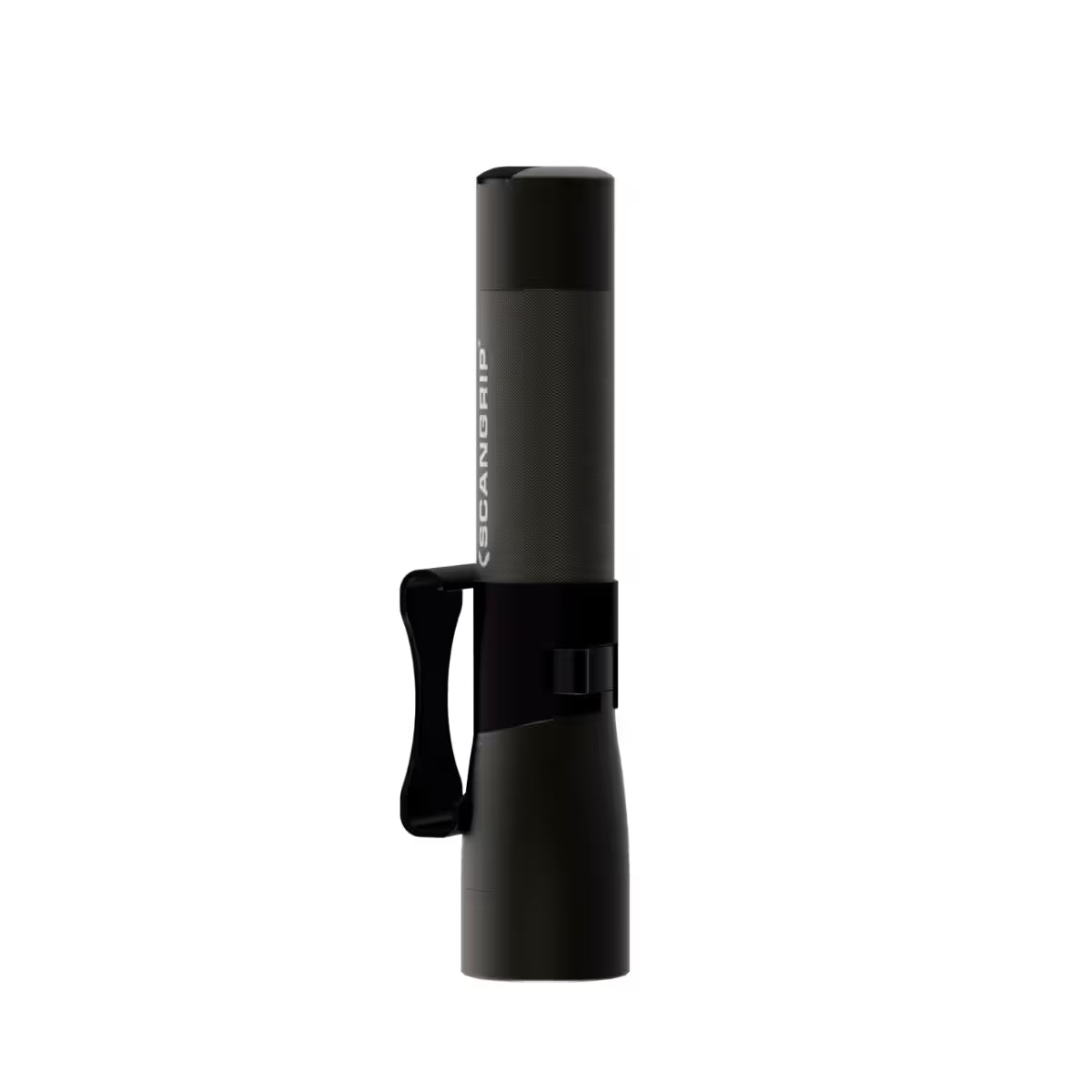 Vista general de la linterna de mano LED Scangrip FLASH 600 R mostrando su clip de sujeción para cinturón integrado sobre fondo blanco - Ferretería La Palma - 1870006