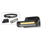 Kit de iluminación portátil Scangrip FLEX WEAR de 150 lúmenes mostrando la lámpara led con clip y un recuadro con sus accesorios sobre fondo blanco - Ferretería La Palma - 1870002