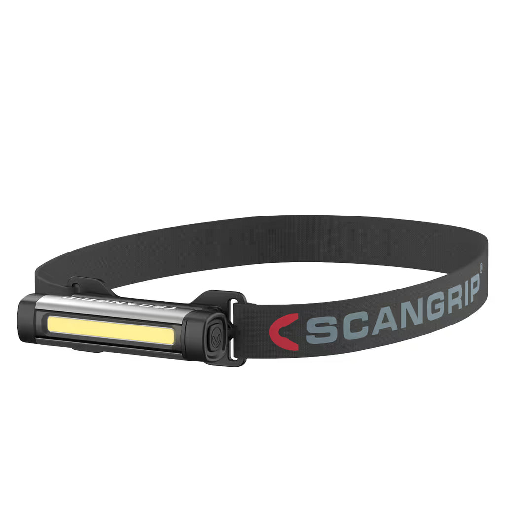 Lámpara portátil Scangrip FLEX WEAR montada sobre su banda elástica ajustable para la cabeza sobre fondo blanco - Ferretería La Palma - 1870002