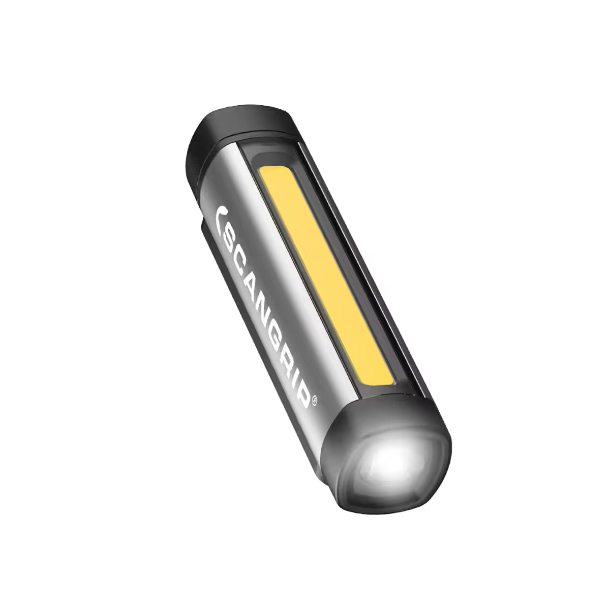 Primer plano de la lámpara led portátil Scangrip FLEX WEAR mostrando su foco linterna frontal encendido sobre fondo blanco - Ferretería La Palma - 1870002