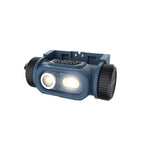 Lámpara LED industrial Scangrip HORIZON para casco de seguridad mostrando su diseño frontal con focos duales encendidos sobre fondo blanco - Ferretería La Palma - 1870003