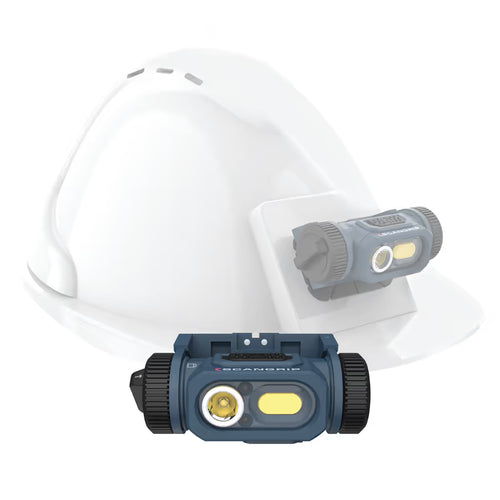 Lámpara LED industrial Scangrip HORIZON mostrando su montaje frontal e instalación lateral en un casco de seguridad blanco sobre fondo blanco - Ferretería La Palma - 1870003