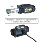Lámpara LED industrial Scangrip HORIZON mostrando el reemplazo de su batería recargable USB-C e ilustración de carga directa con cable sobre fondo blanco - Ferretería La Palma - 1870003