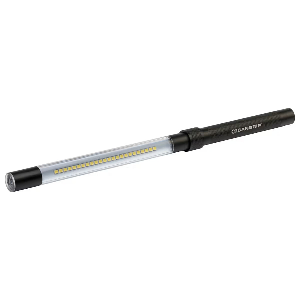 Vista en perspectiva inclinada de la lámpara de inspección LED tipo barra Scangrip LINE LIGHT C más R mostrando su diseño ultra delgado sobre fondo blanco - Ferretería La Palma - 1870007