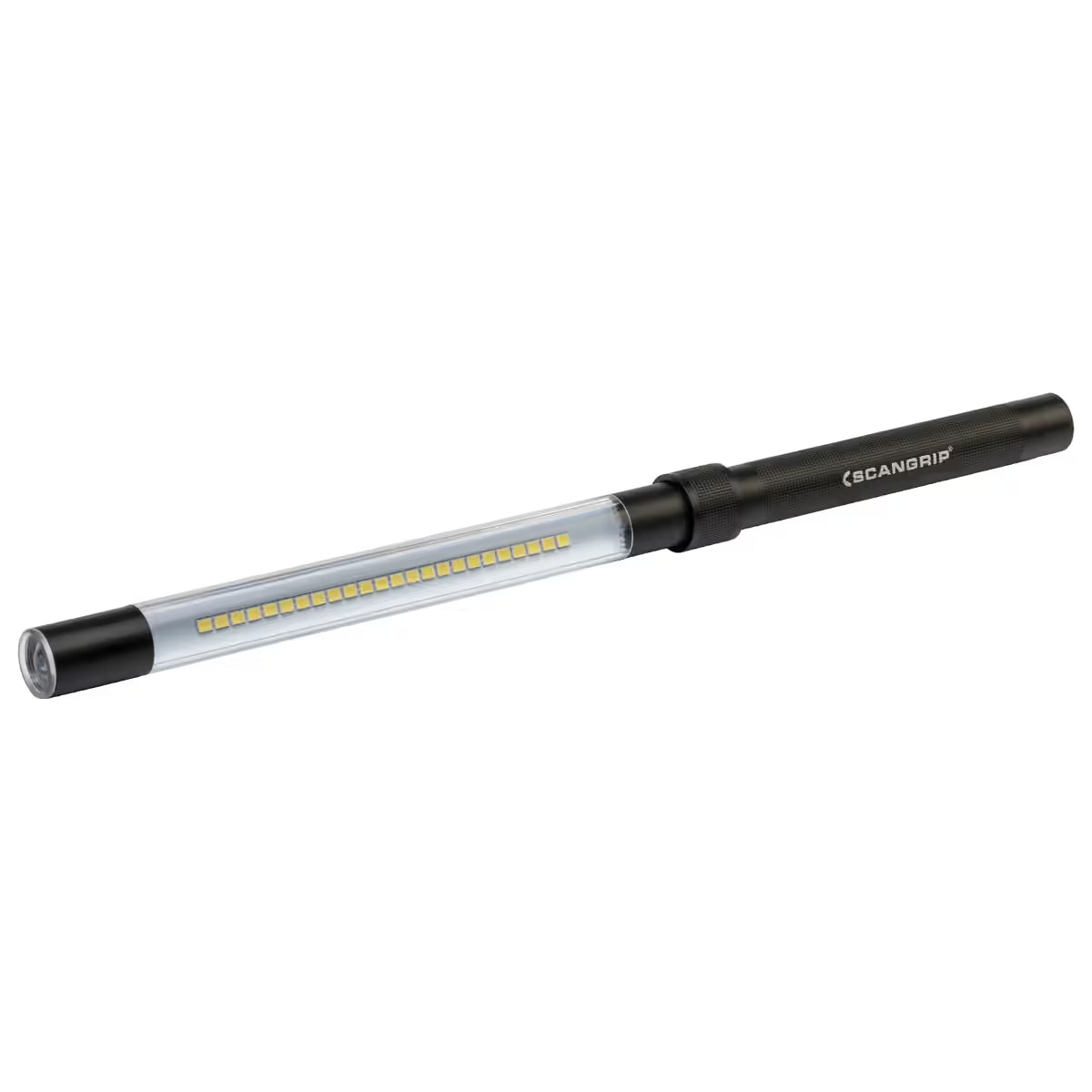 Vista en perspectiva inclinada de la lámpara de inspección LED tipo barra Scangrip LINE LIGHT C más R mostrando su diseño ultra delgado sobre fondo blanco - Ferretería La Palma - 1870007