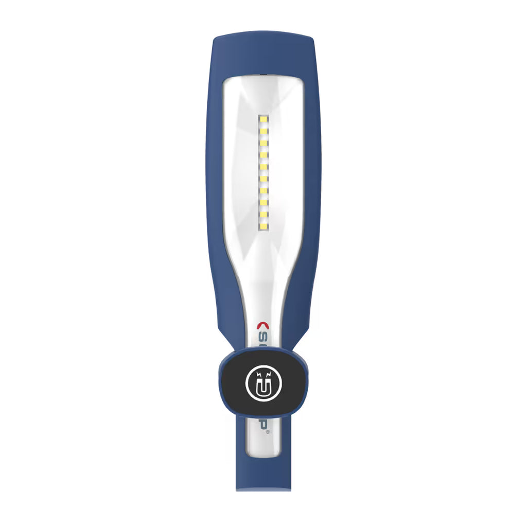 Lámpara de mano LED Scangrip MAG mostrando un soporte con clip y el icono de imán de su base magnética sobre fondo blanco - Ferretería La Palma - 1870000