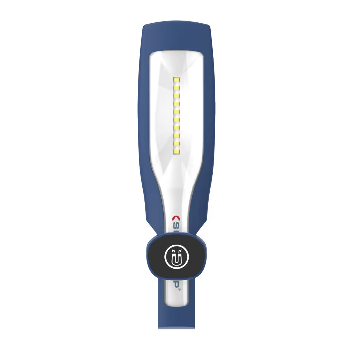 Lámpara de mano LED Scangrip MAG mostrando un soporte con clip y el icono de imán de su base magnética sobre fondo blanco - Ferretería La Palma - 1870000