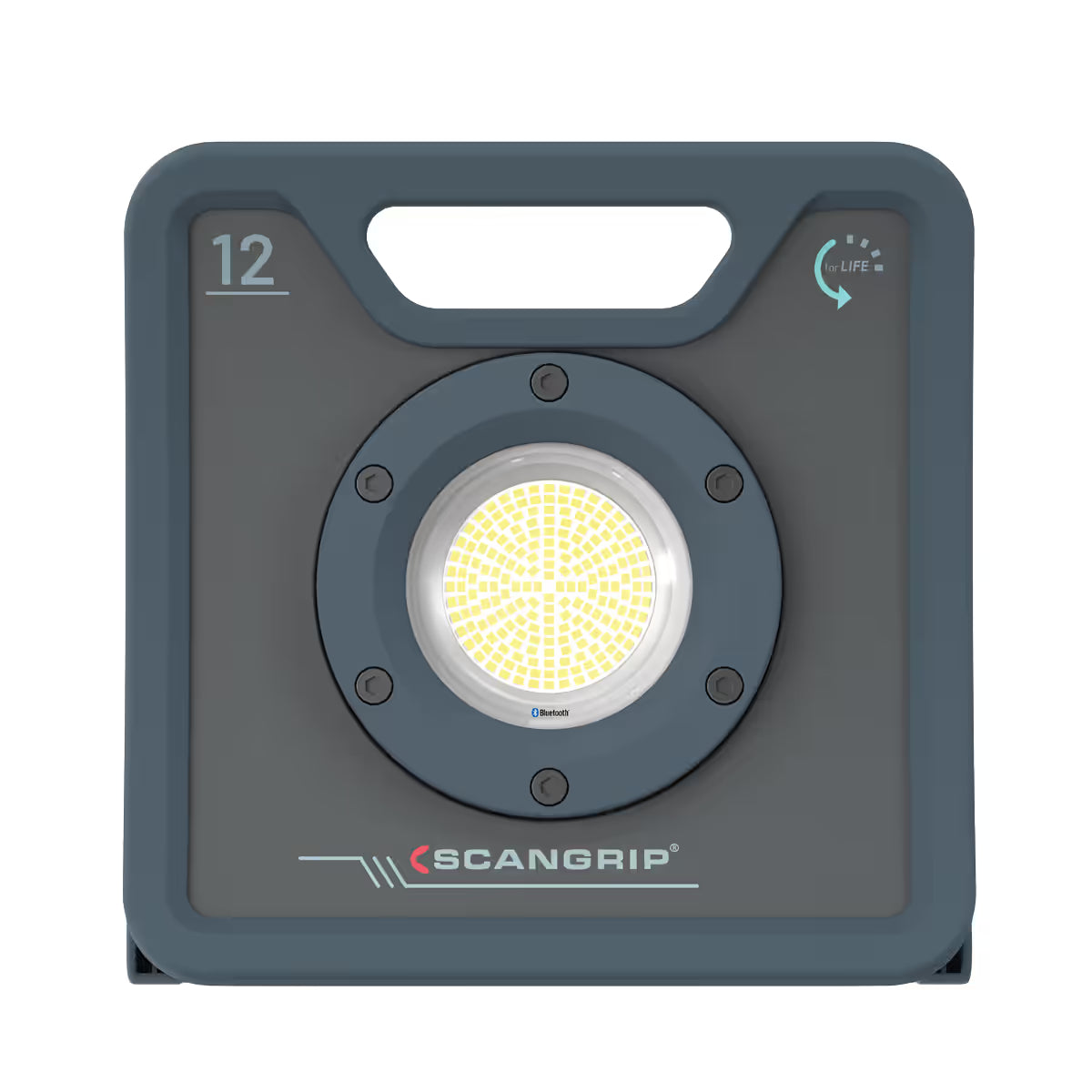 Vista frontal del reflector led industrial Scangrip NOVA 12 mostrando su potente panel de luz central sobre fondo blanco - Ferretería La Palma - 1870005