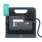 Vista posterior del reflector led industrial Scangrip NOVA 12 mostrando su panel de control con indicadores de Bluetooth, botones de ajuste y óptica inteligente OPTILight sobre fondo blanco - Ferretería La Palma - 1870005