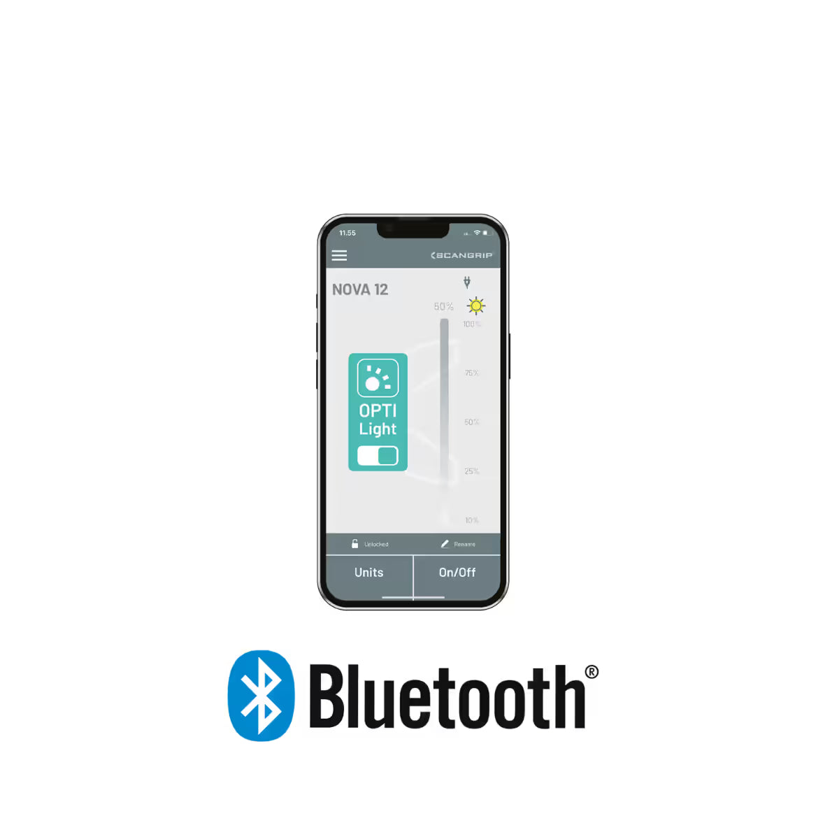 Vista de un teléfono inteligente mostrando la aplicación móvil de Scangrip para el control inalámbrico por Bluetooth del reflector NOVA 12 sobre fondo blanco - Ferretería La Palma - 1870005
