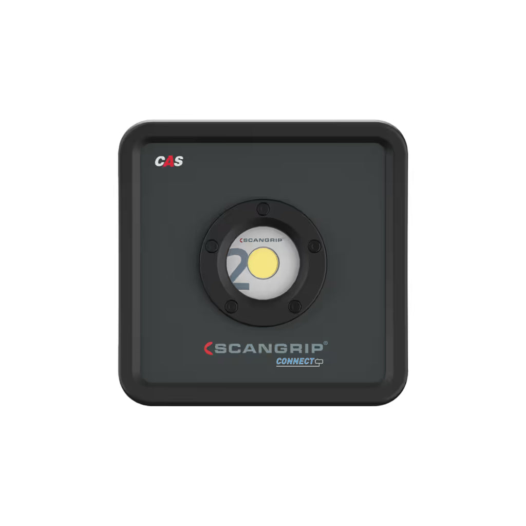 Vista frontal del reflector LED compacto industrial Scangrip NOVA 2 CONNECT mostrando su lente central COB sobre fondo blanco - Ferretería La Palma - 1870008