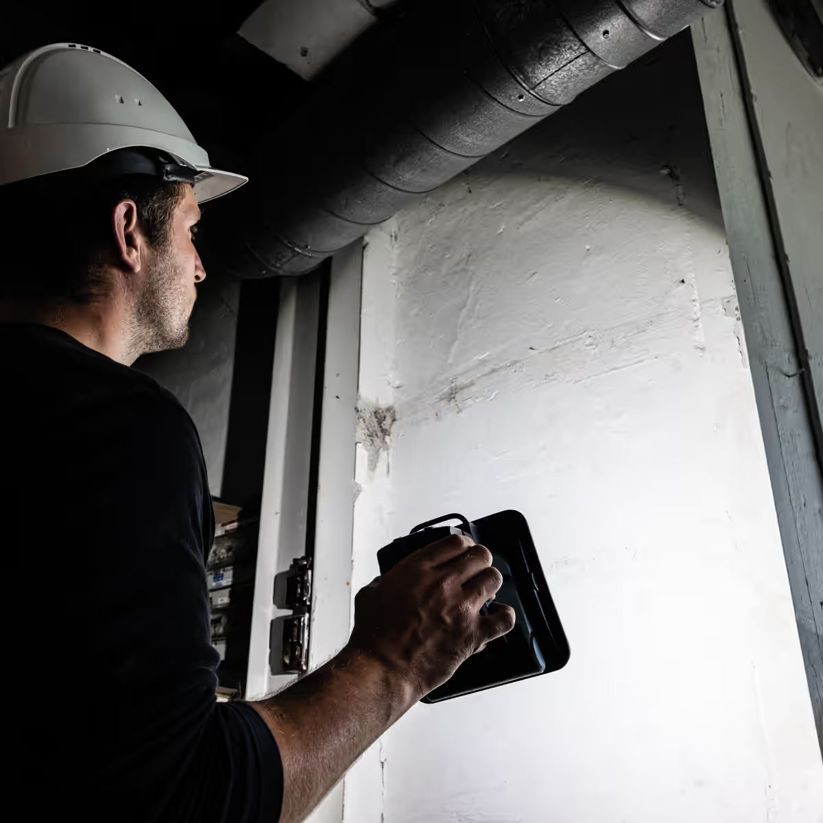 Operario con casco de seguridad utilizando el reflector LED compacto industrial Scangrip NOVA 2 CONNECT para iluminar una pared y tuberías en un espacio de trabajo oscuro - Ferretería La Palma - 1870008