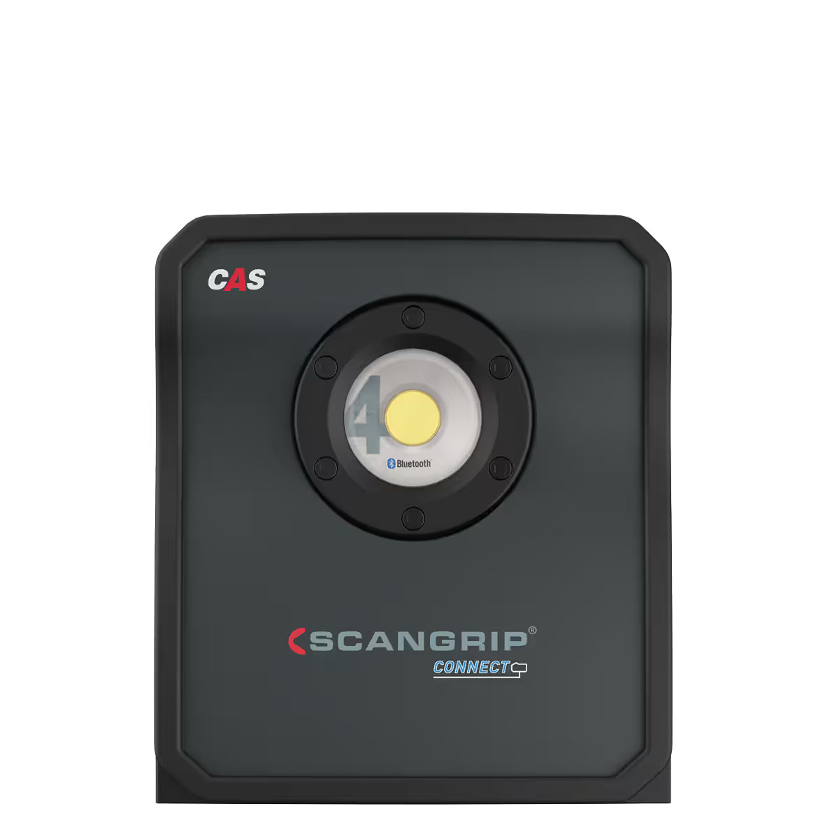 Vista frontal del reflector LED Scangrip NOVA 4 CONNECT mostrando su lente central COB e indicador de Bluetooth sobre fondo blanco - Ferretería La Palma - 1870009