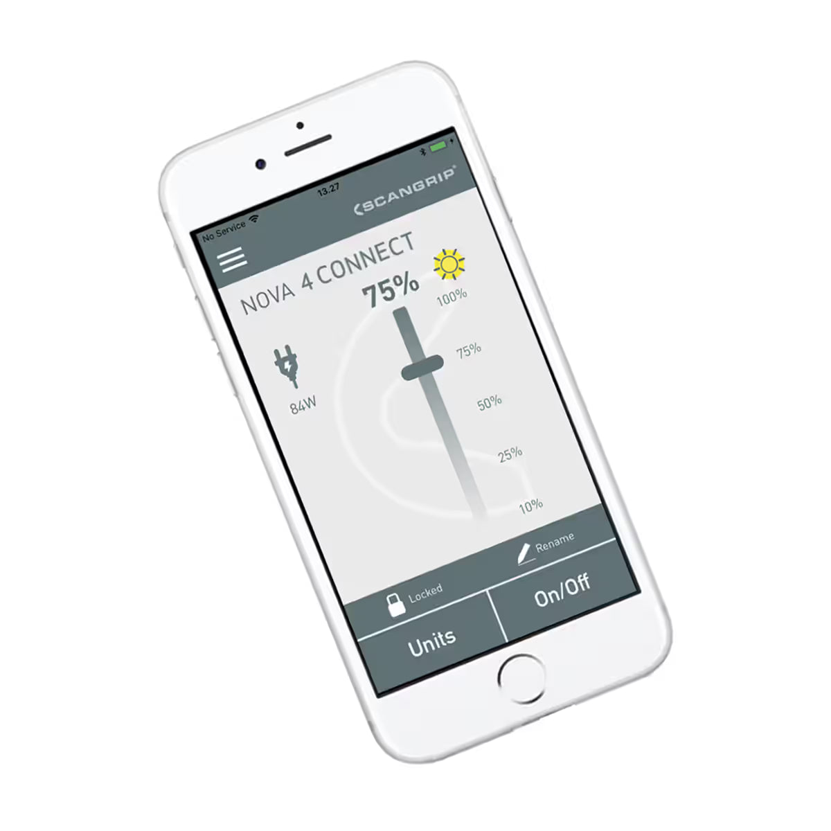 Teléfono inteligente mostrando la interfaz de la aplicación de control a distancia por Bluetooth para el reflector LED Scangrip NOVA 4 CONNECT sobre fondo blanco - Ferretería La Palma - 1870009