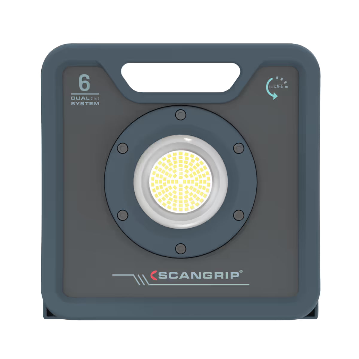 Vista frontal del reflector industrial híbrido Scangrip NOVA 6 C+R mostrando su potente panel de luz LED central sobre fondo blanco - Ferretería La Palma - 1870004