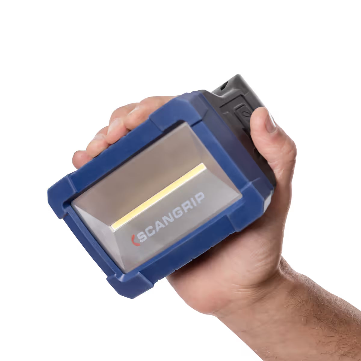Mano sosteniendo el reflector industrial LED Scangrip STAR azul para mostrar su tamaño compacto y agarre sobre fondo blanco - Ferretería La Palma - 1870001