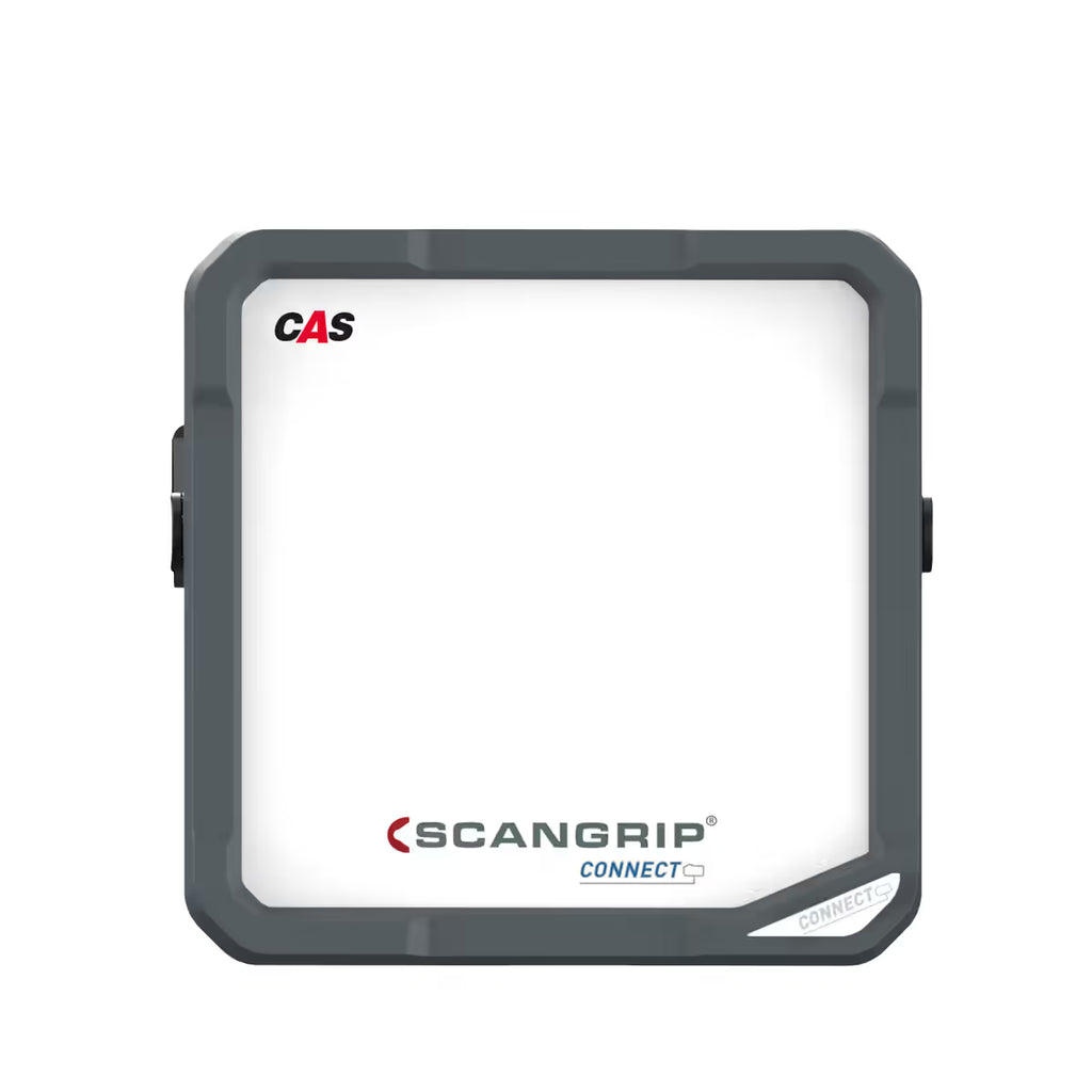 Vista frontal del reflector LED Scangrip VEGA 4 CONNECT mostrando su panel difusor blanco y logotipo sobre fondo blanco - Ferretería La Palma - 1870013