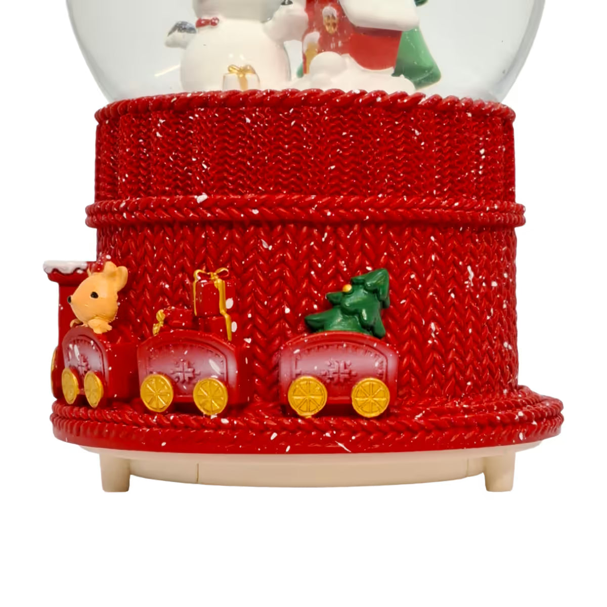 Primer plano de la base con vagones con reno, regalos y arbol decorado de la bola de nieve  navideña Starlights Muñeco de Nieve - Ferretería La Palma - 1800001