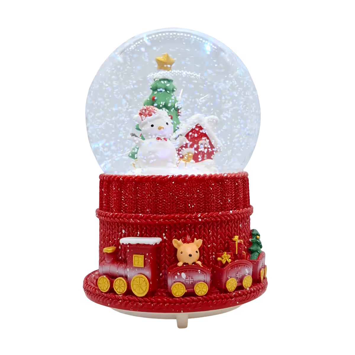 Vista frontal de la bola de nieve musical navideña Starlights Muñeco de Nieve con base ornamentada con tren y vagones con regalos sobre fondo transparente - Ferretería La Palma - 1800001