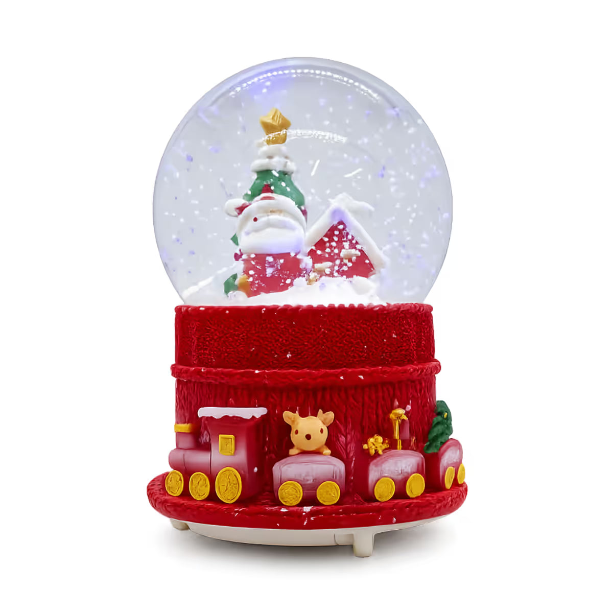Vista frontal de la bola de nieve musical navideña Starlights Santa Claus con base ornamentada con tren y vagones con regalos sobre fondo blanco - Ferretería La Palma - 1800000