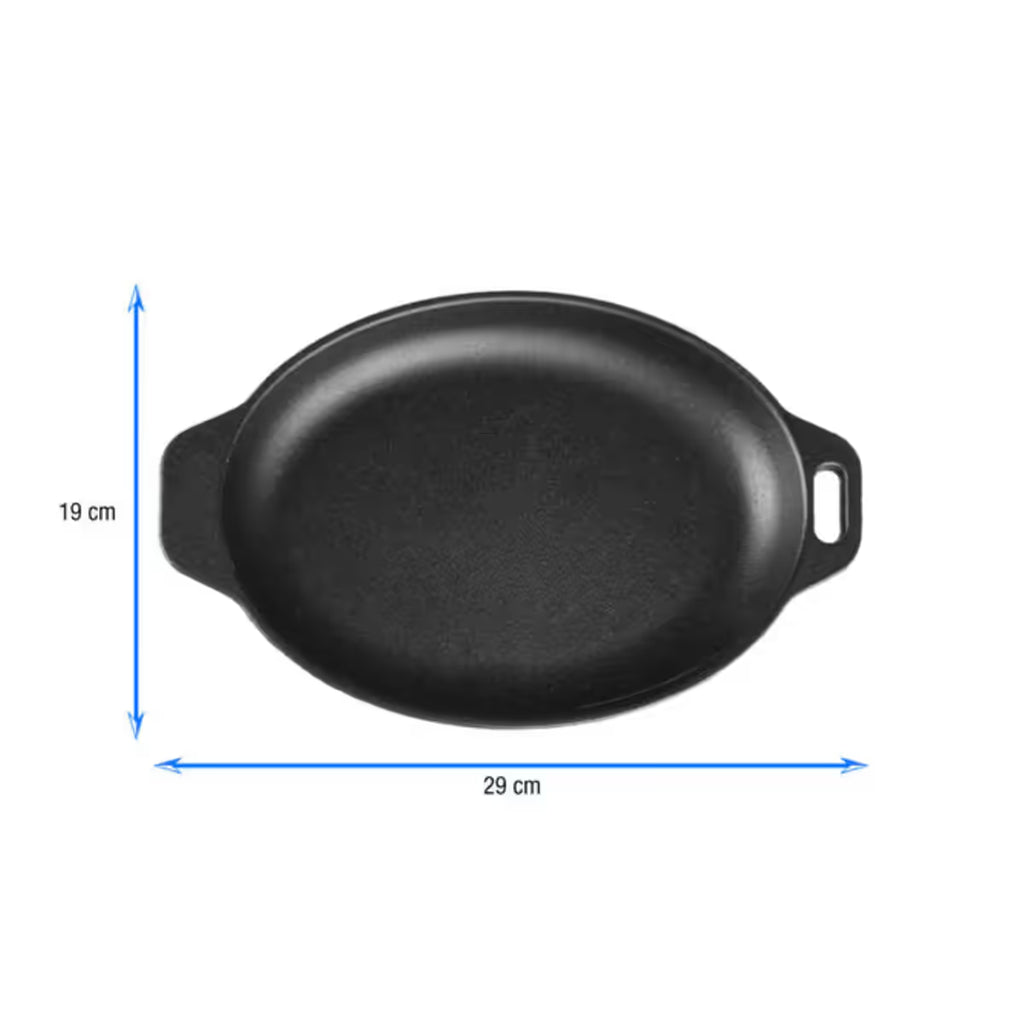 Infografía de medidas de la bandeja ovalada Victoria de 29x19 cm en hierro fundido esmaltado detallando un largo de 29 cm y un ancho de 19 cm - Ferretería La Palma - 1050041
