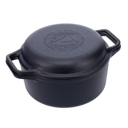 Vista en perspectiva del Combo Cooker 2 en 1 Victoria de 5.7 litros en hierro fundido esmaltado con tapa y doble asa lateral - Ferretería La Palma - 1050079