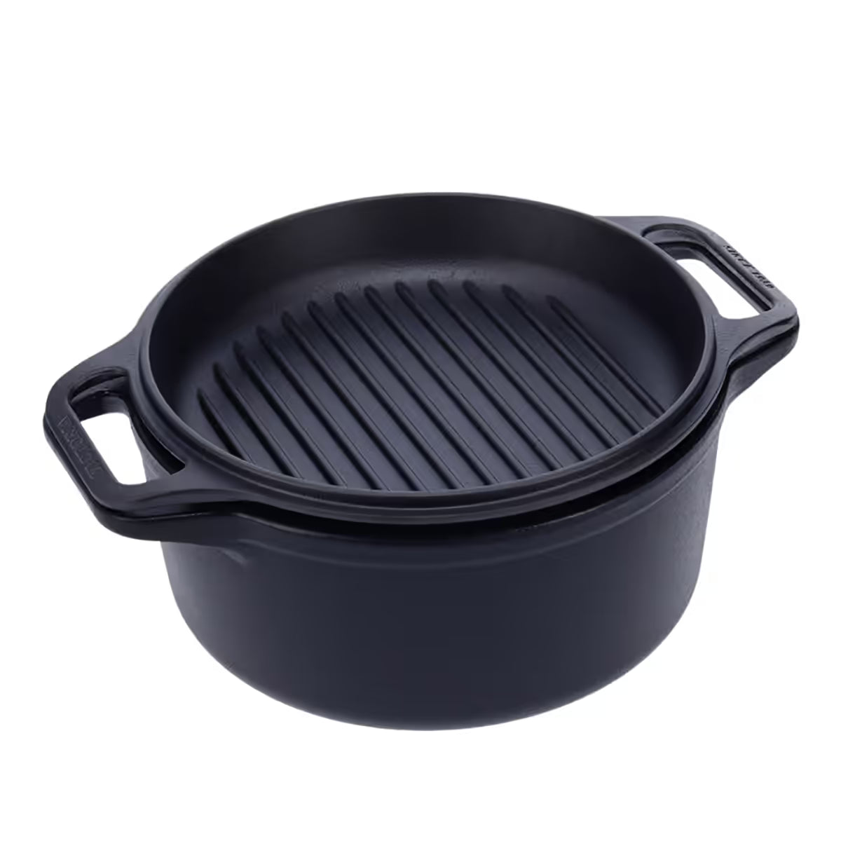 Vista en perspectiva del Combo Cooker 2 en 1 Victoria de 5.7 litros en hierro fundido esmaltado mostrando la tapa con superficie tipo grill colocada sobre la olla - Ferretería La Palma - 1050079