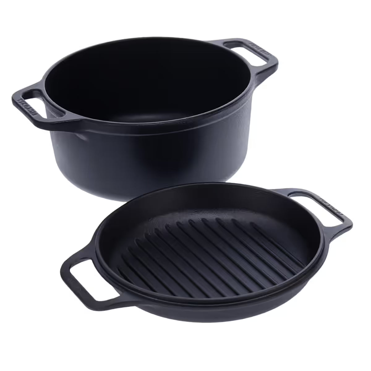 Vista en perspectiva del Combo Cooker 2 en 1 Victoria de 5.7 litros en hierro fundido esmaltado mostrando la olla profunda y la tapa tipo grill por separado - Ferretería La Palma - 1050079