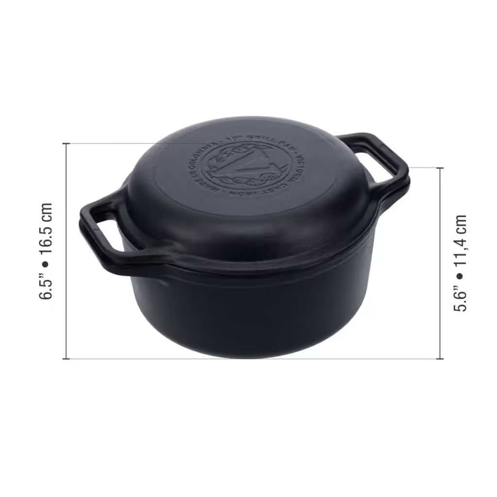 Infografía de medidas del Combo Cooker 2 en 1 Victoria de 5.7 litros en hierro fundido esmaltado detallando una altura total de 16.5cm y una altura del cuerpo de 11.4cm - Ferretería La Palma - 1050079