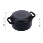 Infografía de medidas del Combo Cooker 2 en 1 Victoria de 5.7 litros en hierro fundido esmaltado detallando una altura total de 16.5cm y una altura del cuerpo de 11.4cm - Ferretería La Palma - 1050079