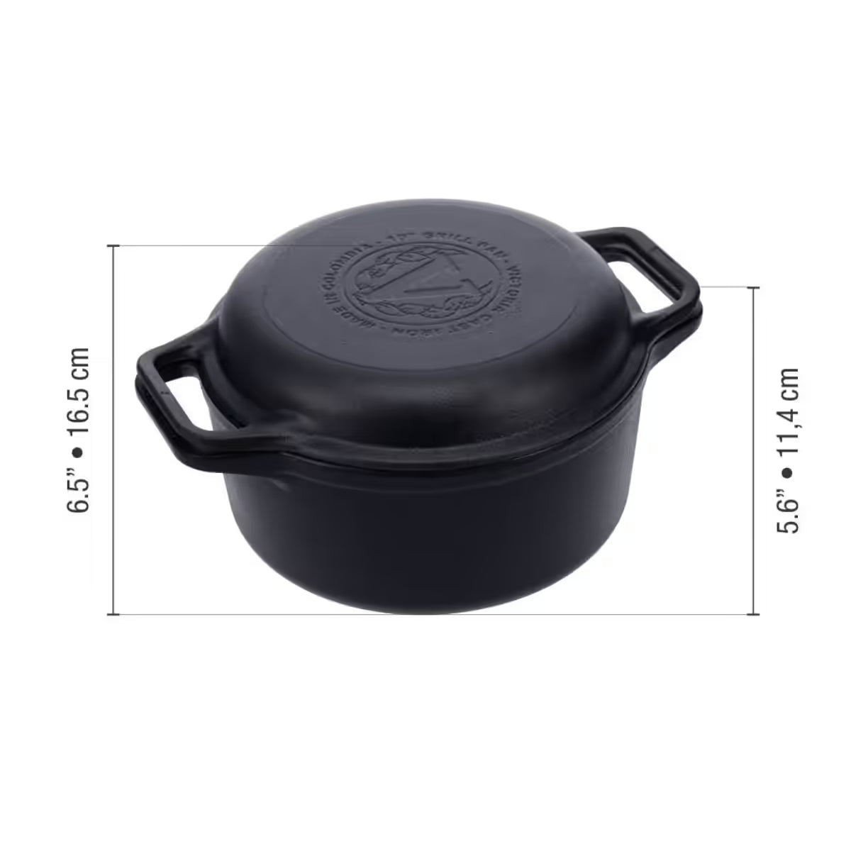 Infografía de medidas del Combo Cooker 2 en 1 Victoria de 5.7 litros en hierro fundido esmaltado detallando una altura total de 16.5cm y una altura del cuerpo de 11.4cm - Ferretería La Palma - 1050079