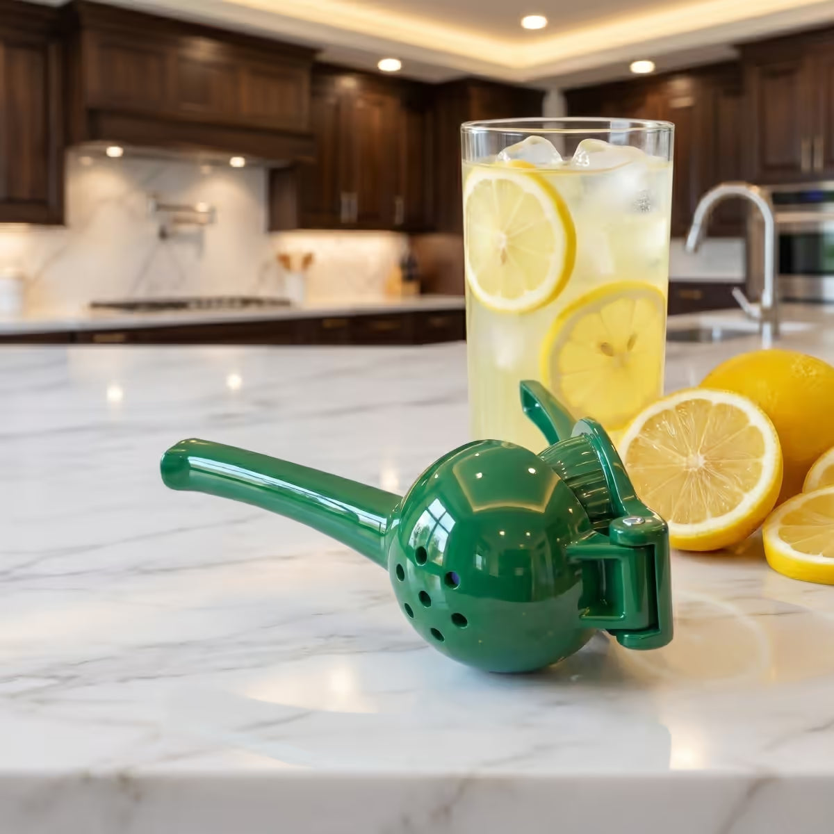Vista en perspectiva del exprimidor manual pequeño Victoria en aluminio fundido de color verde ambientado con un vaso de limonada y limones frescos en una cocina - Ferretería La Palma - 1050057