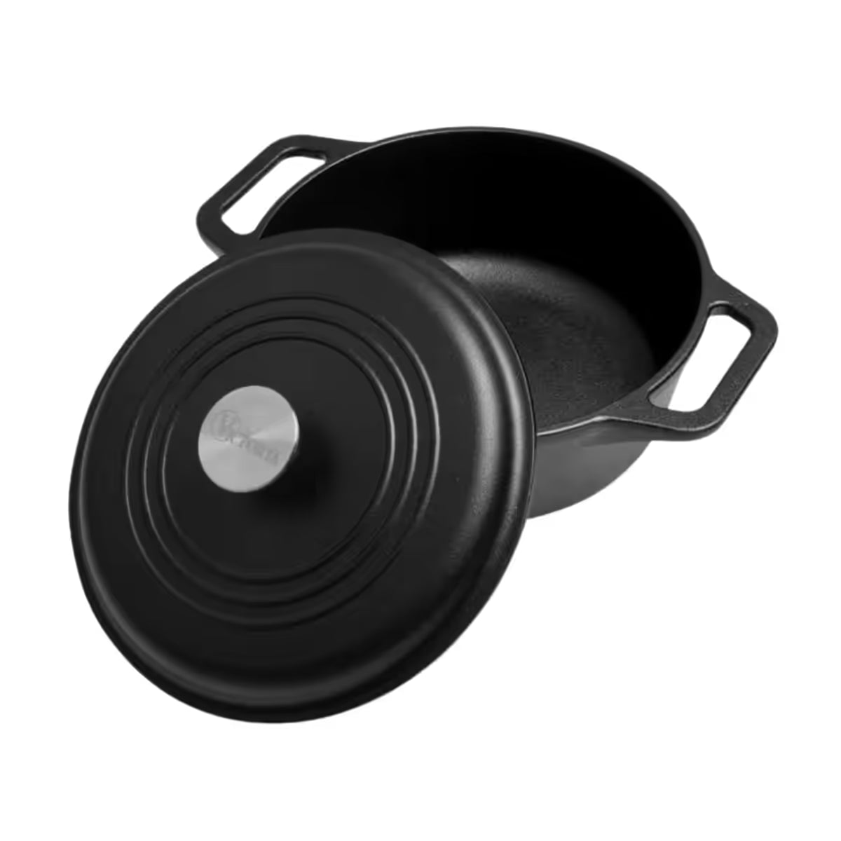 Vista en perspectiva del horno holandés Victoria de 3.8 litros en hierro fundido esmaltado mostrado abierto con la tapa apoyada a un lado - Ferretería La Palma - 1050044