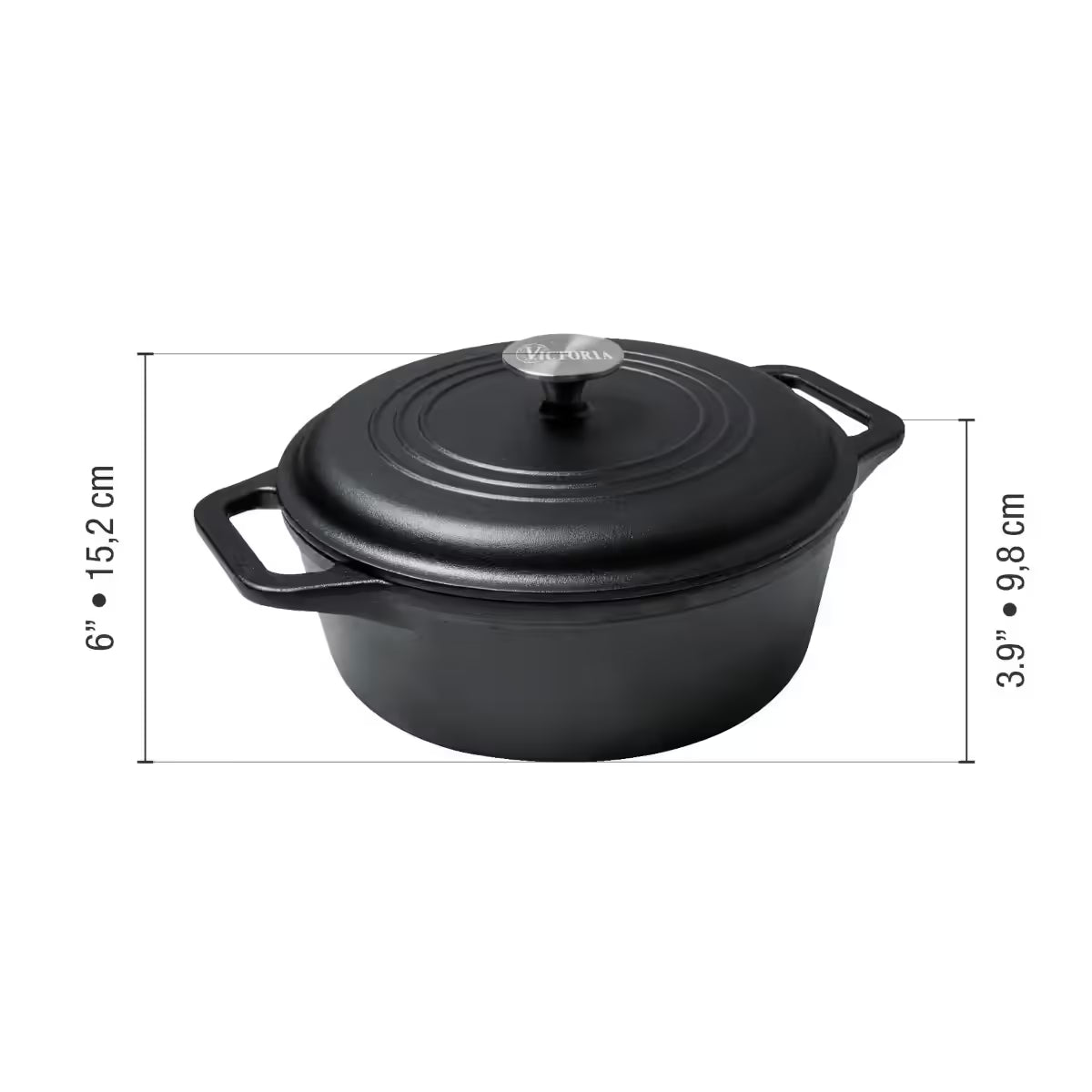 Infografía de medidas del horno holandés Victoria de 3.8 litros en hierro fundido esmaltado detallando una altura total de 15.2cm y una altura del cuerpo de 9.8cm - Ferretería La Palma - 1050044