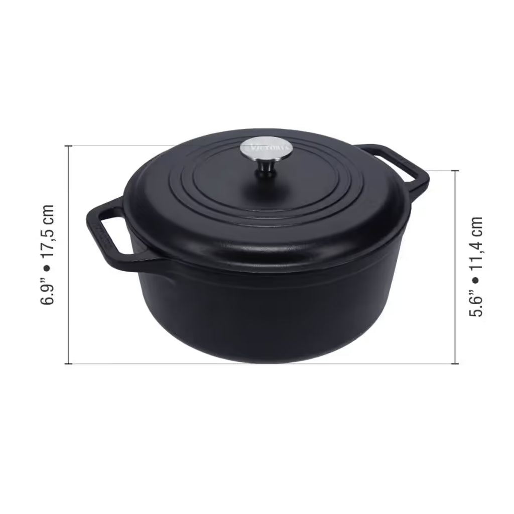 Infografía de medidas del horno holandés Victoria de 5.7 litros en hierro fundido esmaltado detallando una altura total de 17.5cm y una altura del cuerpo de 11.4cm - Ferretería La Palma - 1050083