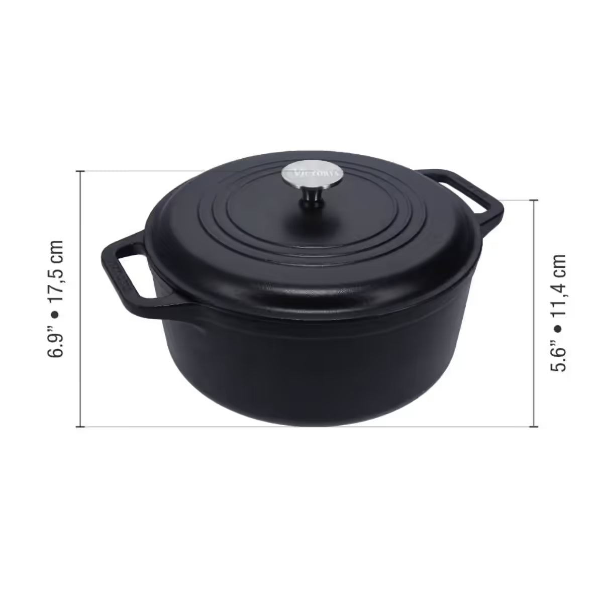Infografía de medidas del horno holandés Victoria de 5.7 litros en hierro fundido esmaltado detallando una altura total de 17.5cm y una altura del cuerpo de 11.4cm - Ferretería La Palma - 1050083