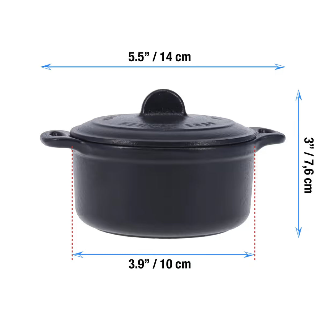 Infografía de medidas de la mini olla cocotte redonda Victoria de 0.3L en hierro fundido esmaltado detallando un diámetro de 10 cm, un largo total de 14 cm y una altura de 7.6 cm - Ferretería La Palma - 1050059