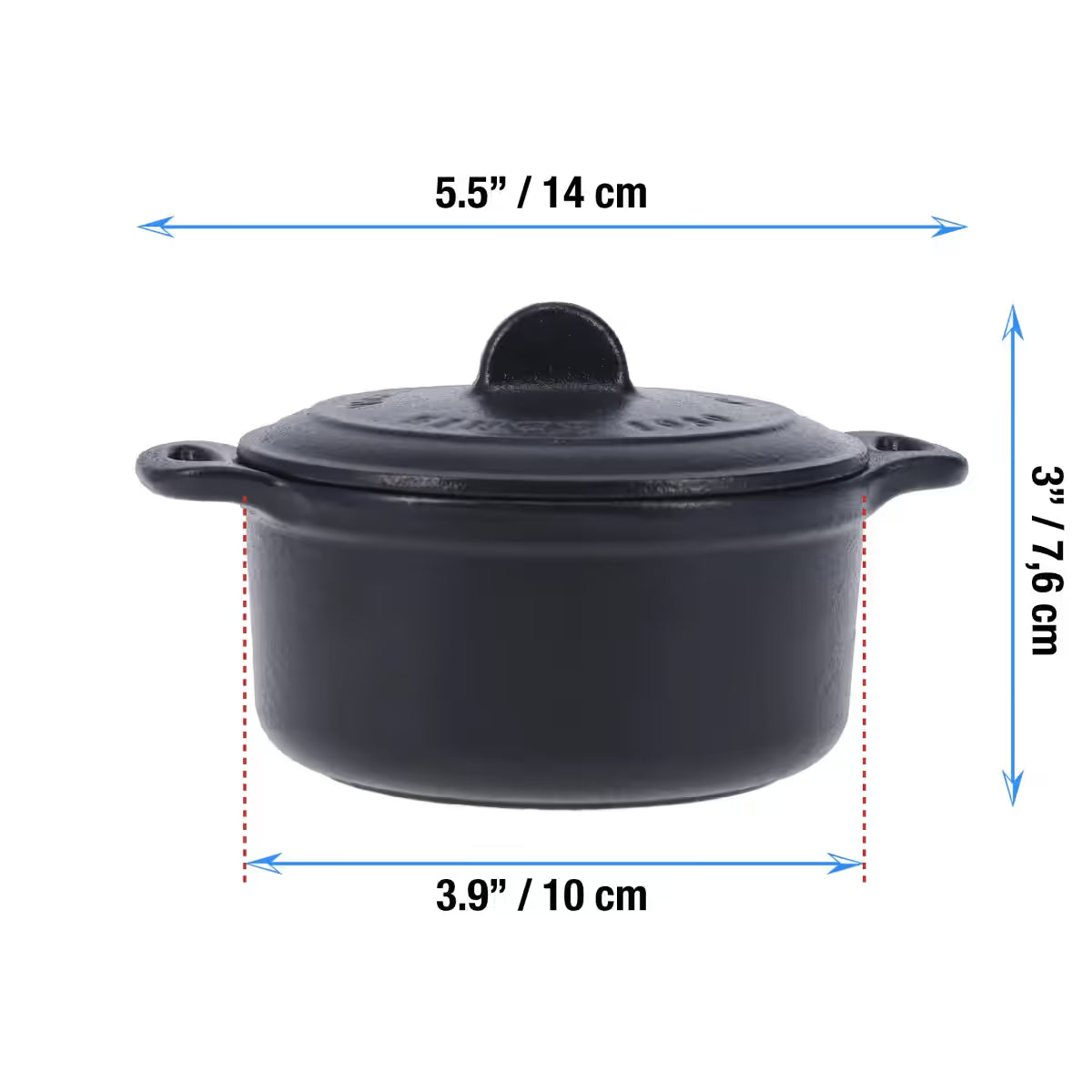 Infografía de medidas de la mini olla cocotte redonda Victoria de 0.3L en hierro fundido esmaltado detallando un diámetro de 10 cm, un largo total de 14 cm y una altura de 7.6 cm - Ferretería La Palma - 1050059