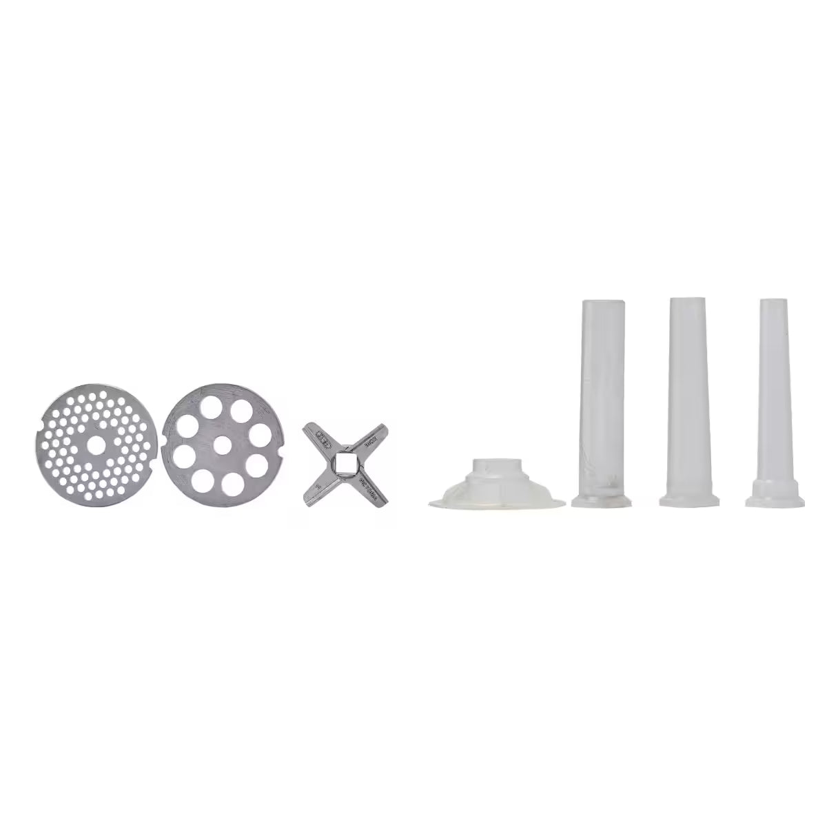 Kit de accesorios para molino de carne Victoria número 10 que incluye dos discos de molienda de diferentes grosores, cuchilla de acero en cruz y tres embudos de diversos diámetros para embutidos - Ferretería La Palma - 1440002