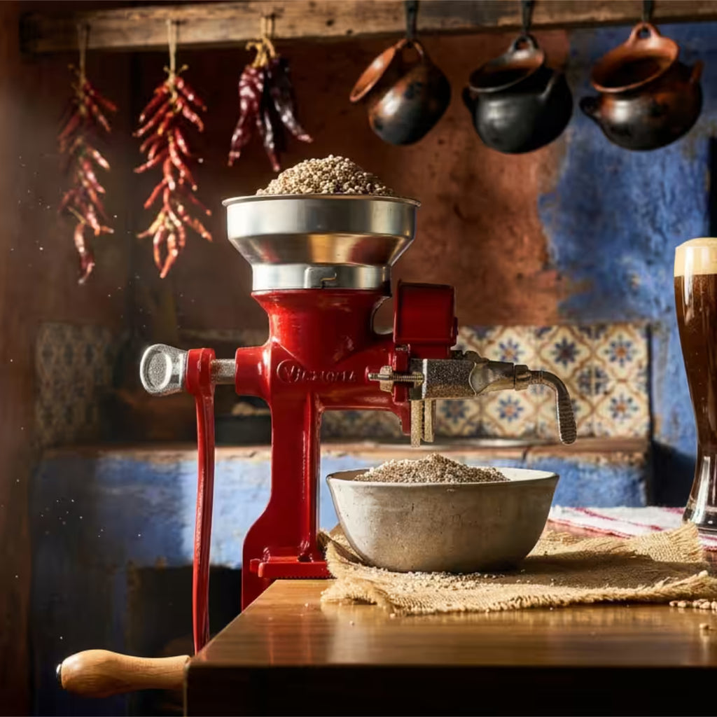 Molino de granos manual Victoria de hierro fundido color rojo en uso, con tolva metálica llena de cereales, manivela con mango de madera y bowl recolector en un ambiente de cocina rústica - Ferretería La Palma - 1040046