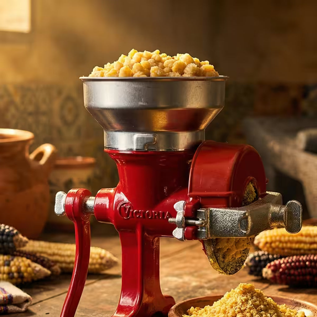 Detalle de molino de granos manual Victoria color rojo fabricado en hierro fundido, moliendo maíz amarillo con tolva metálica superior y salida de molienda hacia un recipiente de barro - Ferretería La Palma - 1040046